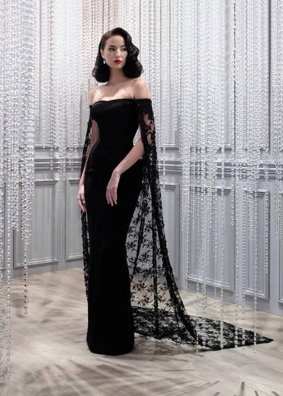 Black Mermaid Prom Dress With Cape Elegant Evening Dress Y14