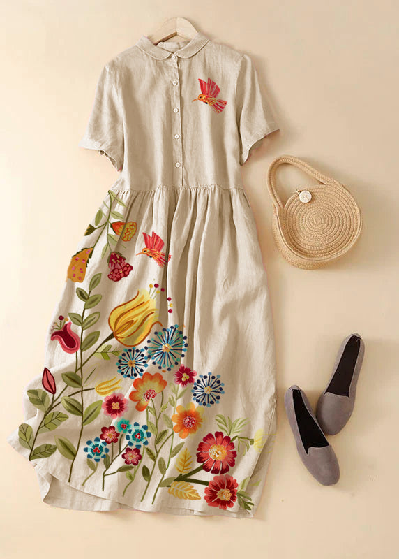Unique Apricot flowers Peter Pan Collar Wrinkled Linen Holiday Dress Short Sleeve - Omychic