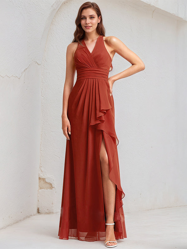 Vermilion Satin A Line V Neck Sleeveless Floor Length Bridesmaid Dress With Ruffle - VelvetHem