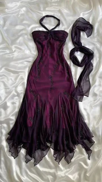 Vintage Halter Purple Beaed Chiffon Mermaid Prom Dress Long Party Evening Dress Y7503 - VelvetHem