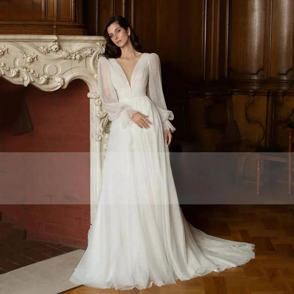 Elegant Glitter Tulle Deep V-Neck Wedding Dresses Princess Shiny Lantern Sleeves Backless A-Line Pleated Bridal Gowns (ZD13339)