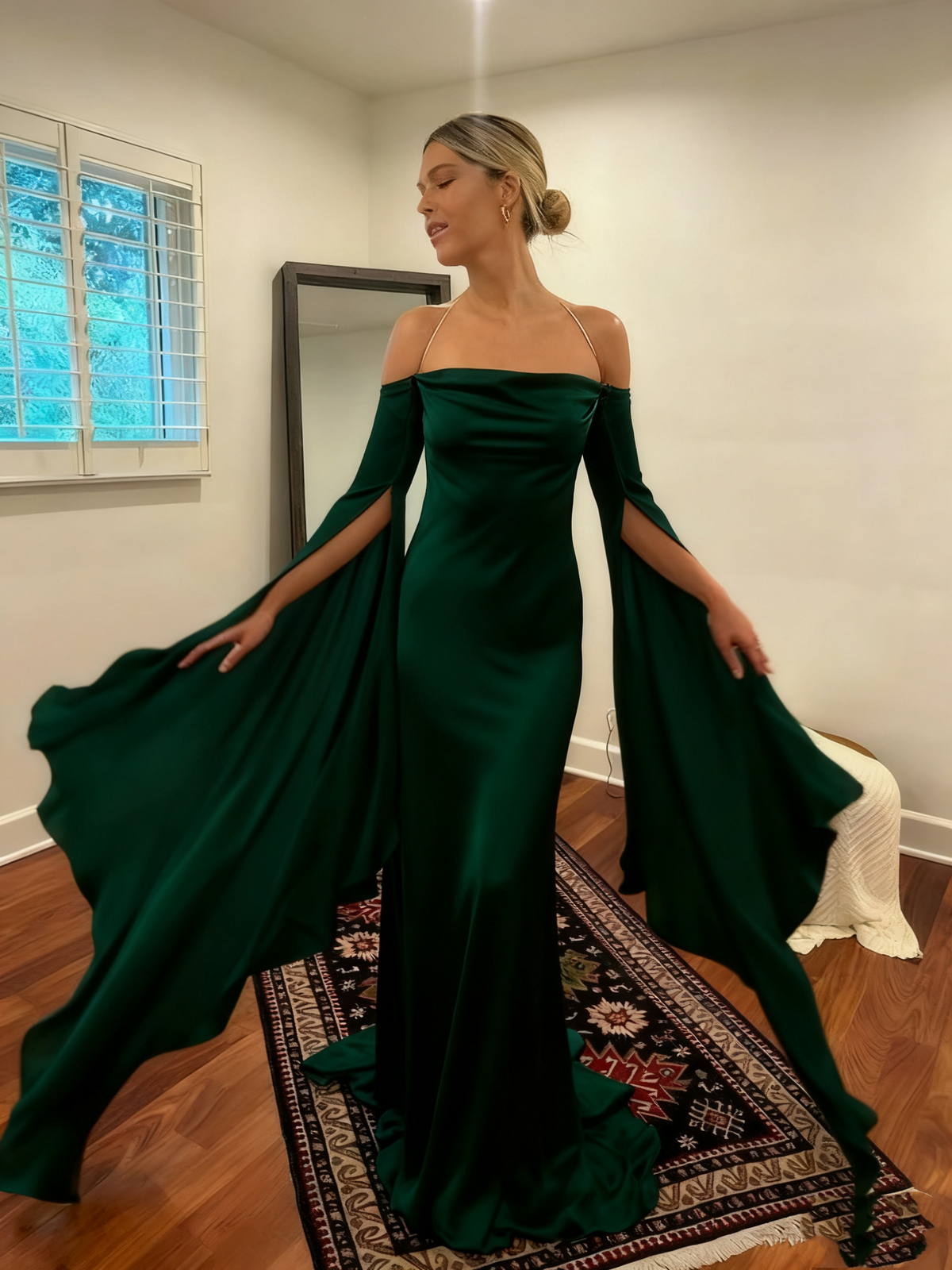 Wedding Dresses Soft Satin Long Floor Length Open Back Simple Bridal Gown With Detachable Flare Sleeves fg6409 - View 6 | VelvetHem