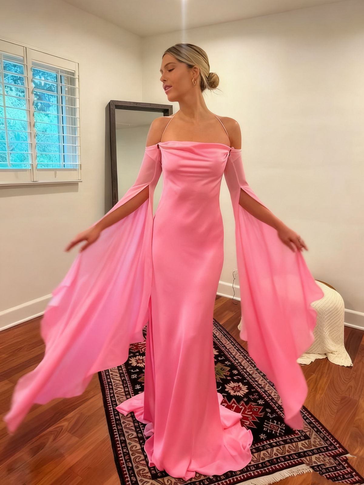 Wedding Dresses Soft Satin Long Floor Length Open Back Simple Bridal Gown With Detachable Flare Sleeves fg6409 - View 8 | VelvetHem