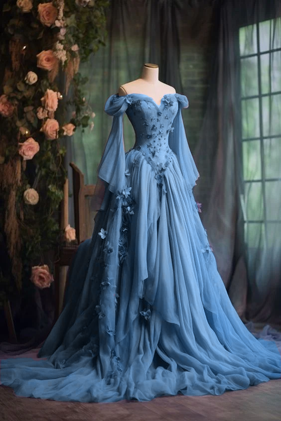 Purple Custom Dress Long Sleeve Floral Applique A-Line Long Evening Dress fg7191 - View 4 | VelvetHem