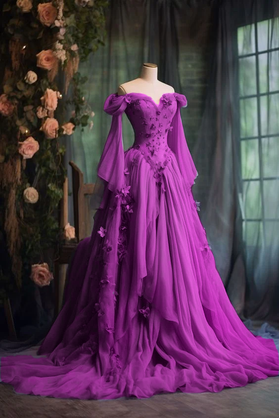 Purple Custom Dress Long Sleeve Floral Applique A-Line Long Evening Dress fg7191 - View 5 | VelvetHem