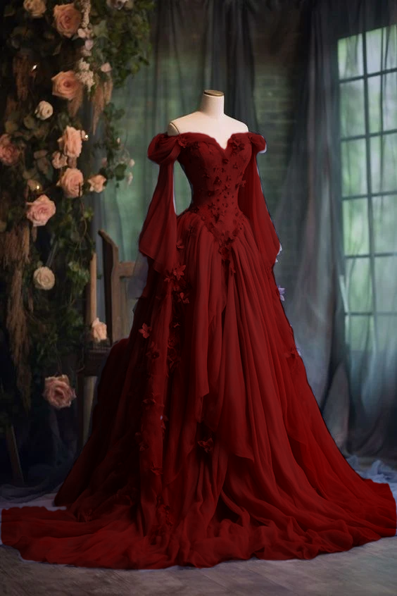 Purple Custom Dress Long Sleeve Floral Applique A-Line Long Evening Dress fg7191 - View 6 | VelvetHem