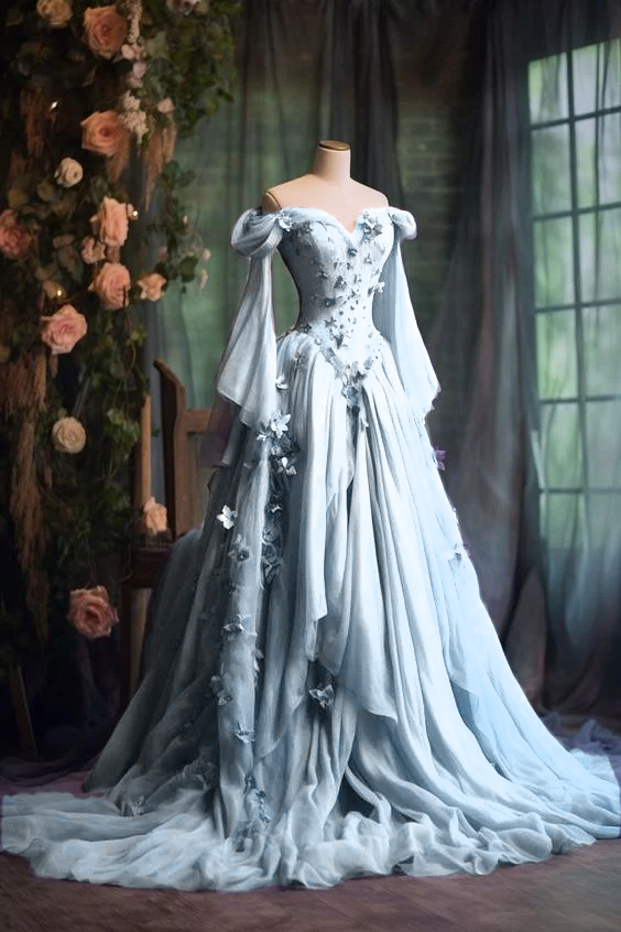 Purple Custom Dress Long Sleeve Floral Applique A-Line Long Evening Dress fg7191 - View 7 | VelvetHem
