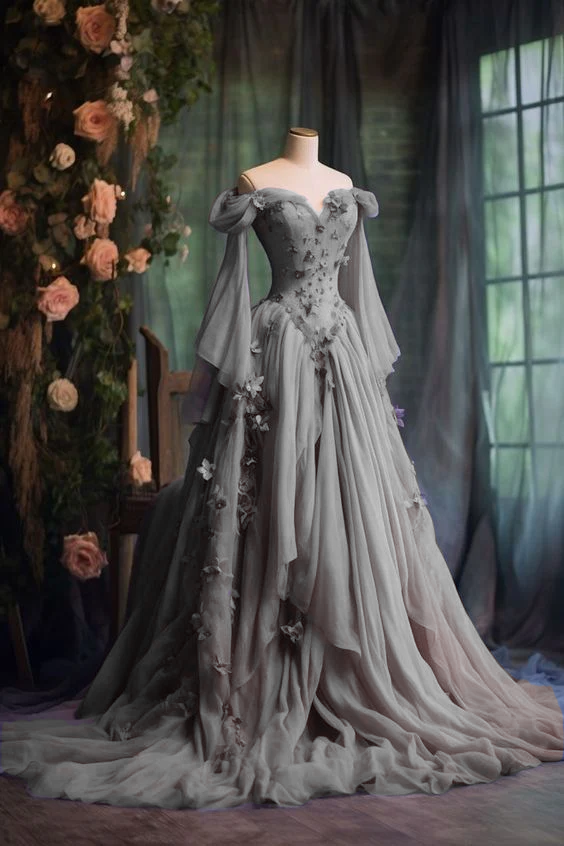Purple Custom Dress Long Sleeve Floral Applique A-Line Long Evening Dress fg7191 - View 8 | VelvetHem