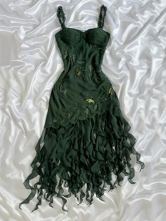 Dark Green Chiffon Ruffle Prom Dress Formal Dress Evening Party Dresses