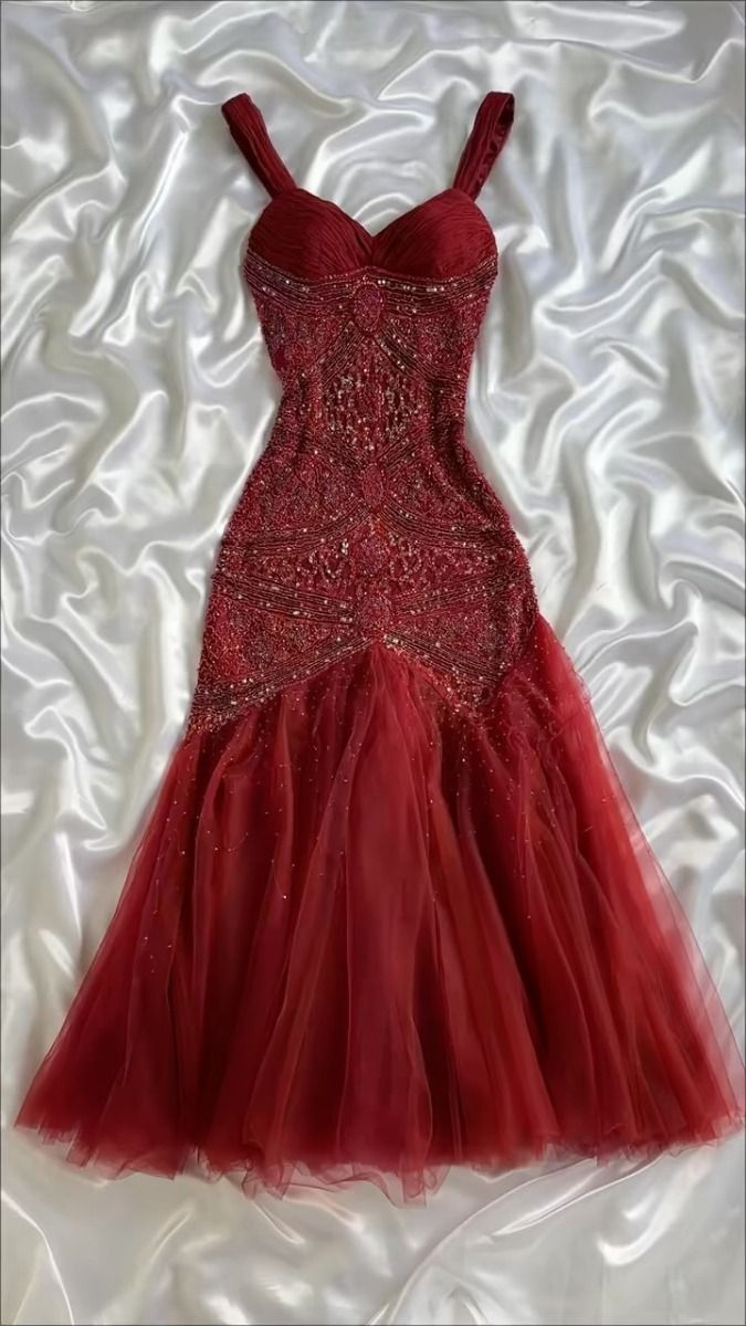 Red Vintage Dress Long Prom Dress Beaded Red Outfit - VelvetHem