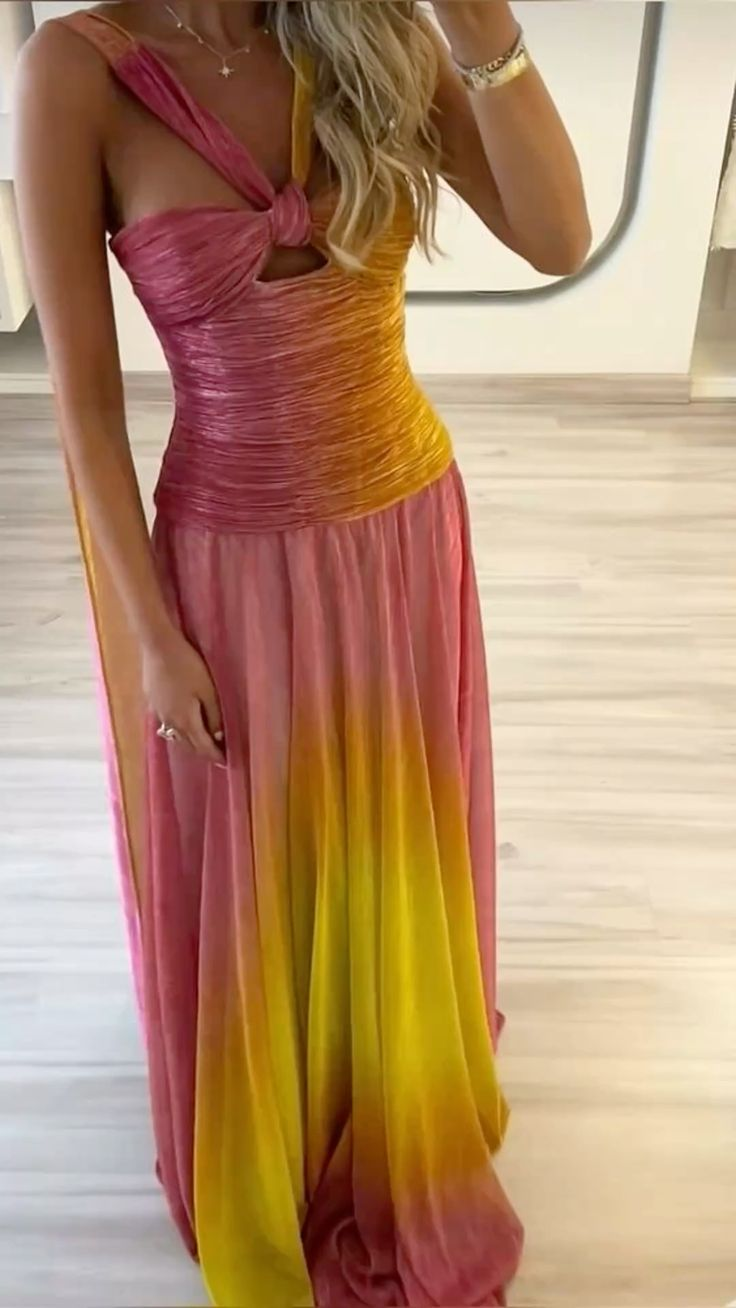 Gradient Pink And Yellow Long Prom Dress Evening Party Dress - VelvetHem