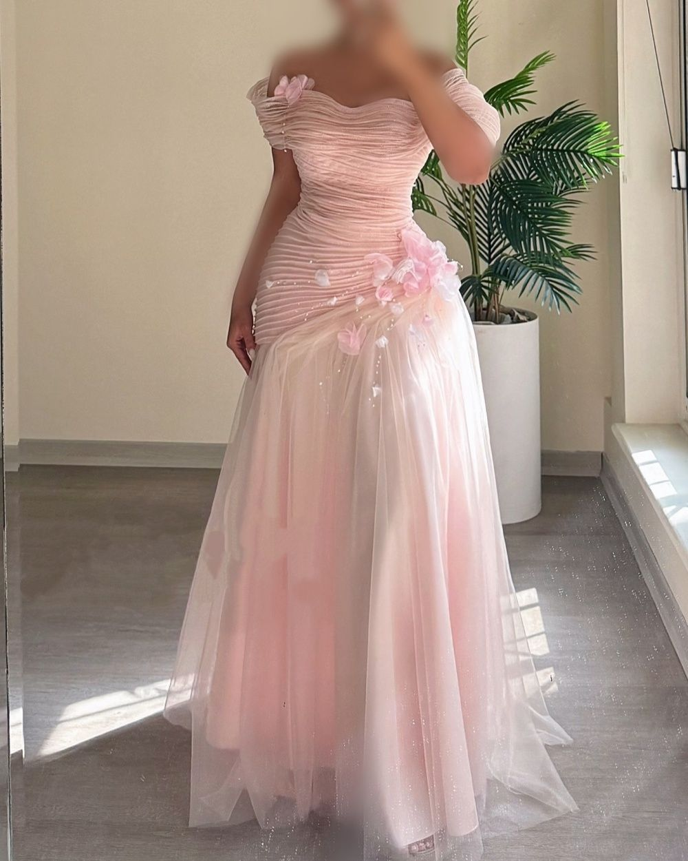 Fashion Classic Tulle Flower A-Line Off-The-Shoulder Long Prom Dresses - VelvetHem