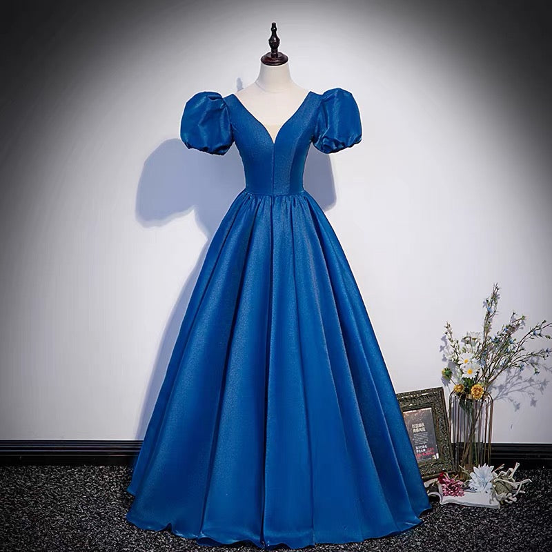 Blue saitn long prom dress A line evening gown s64 - VelvetHem