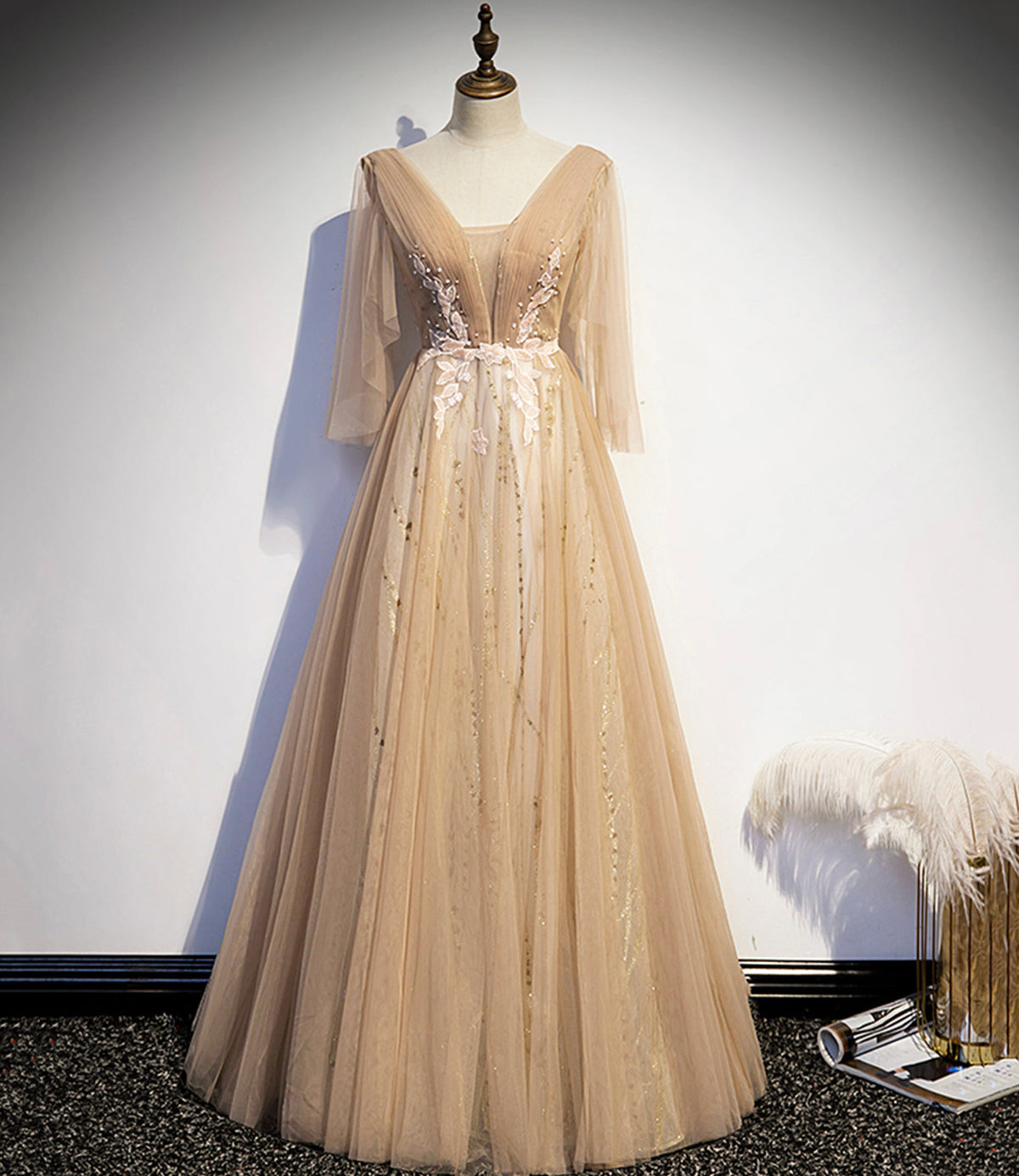Champagne v neck lace long prom dress A line evening dress s77 - VelvetHem