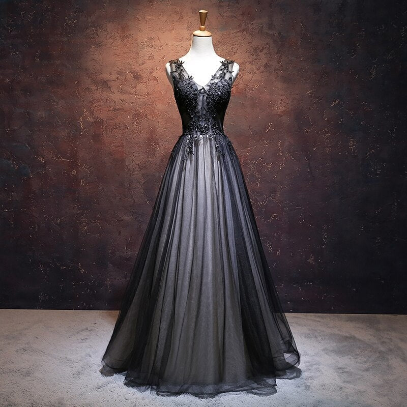 CHIC A-LINE V-NECK FLOOR LENGTH TULLE BLACK APPLIQUE LONG PROM DRESS EVENING DRESS - VelvetHem