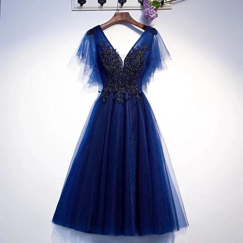 Blue v neck tulle short homecoming dress s94 by simplepromdress