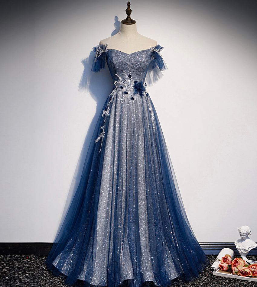Shiny tulle sequins long prom dress blue evening dress s102 - VelvetHem