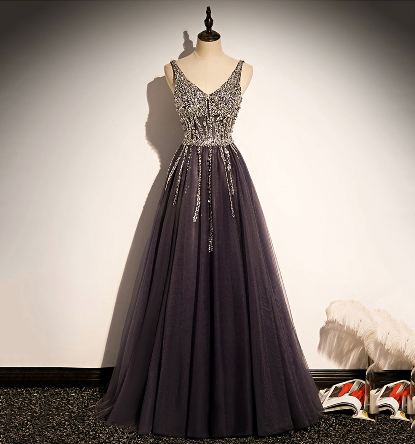 Stylish v neck tulle long prom dress A line evening dress s76