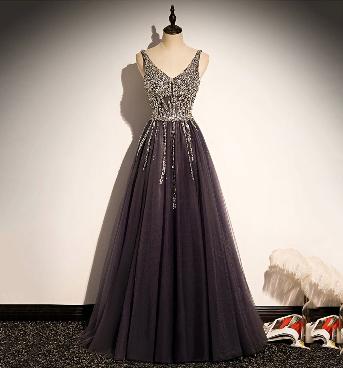 Stylish v neck tulle long prom dress A line evening dress s76 - VelvetHem