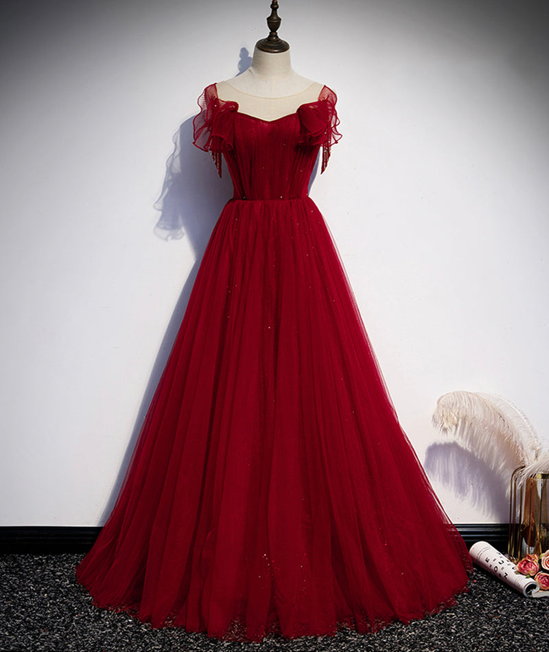 Burgundy tulle long prom dress evening dress s82 - VelvetHem