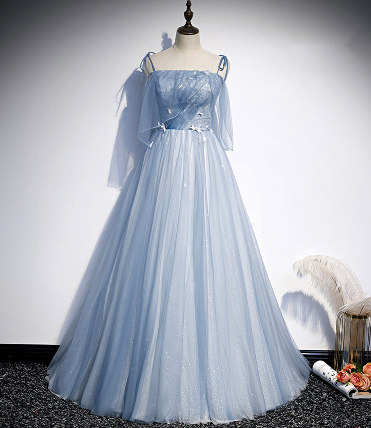 Blue tulle long A line prom dress evening dress s72 - VelvetHem