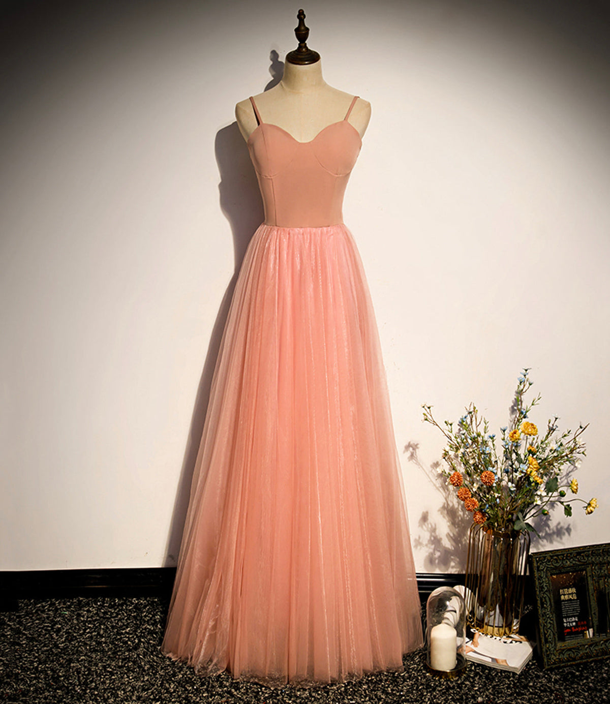 Pink tulle long prom dress A line evening dress s92 - VelvetHem