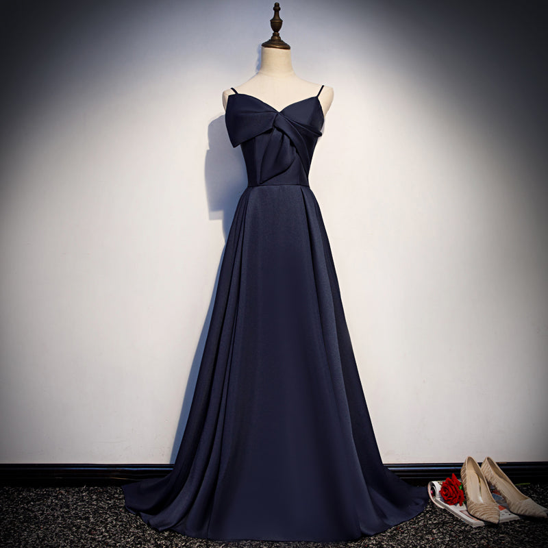 Dark blue satin long prom dress, simple evening dress s93 - VelvetHem
