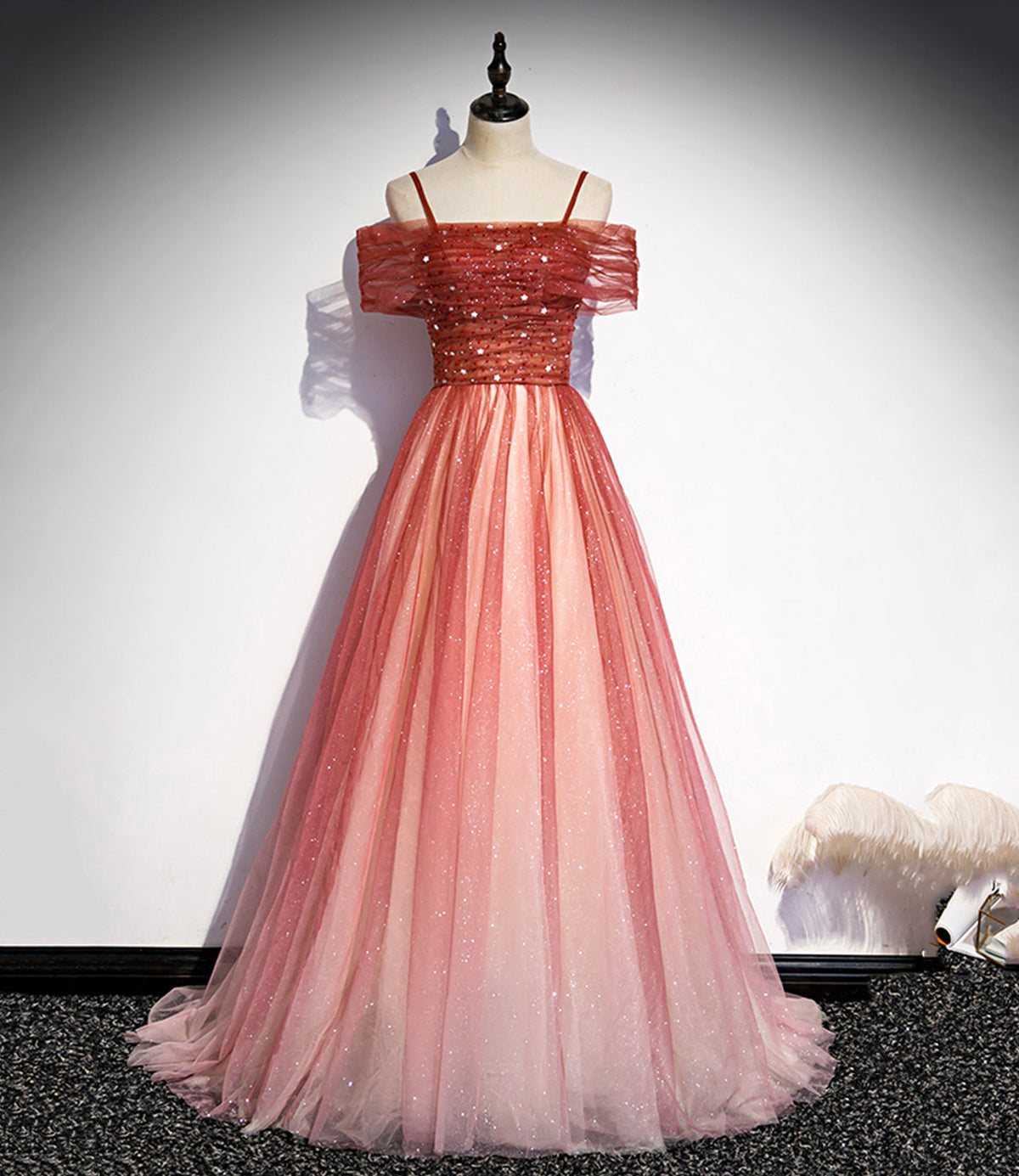 Burgundy tulle long A line prom dress evening dress s75 - VelvetHem