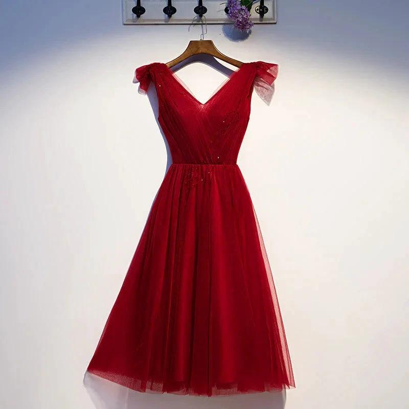 Burgundy v neck tulle short homecoming dress s95 by simplepromdress