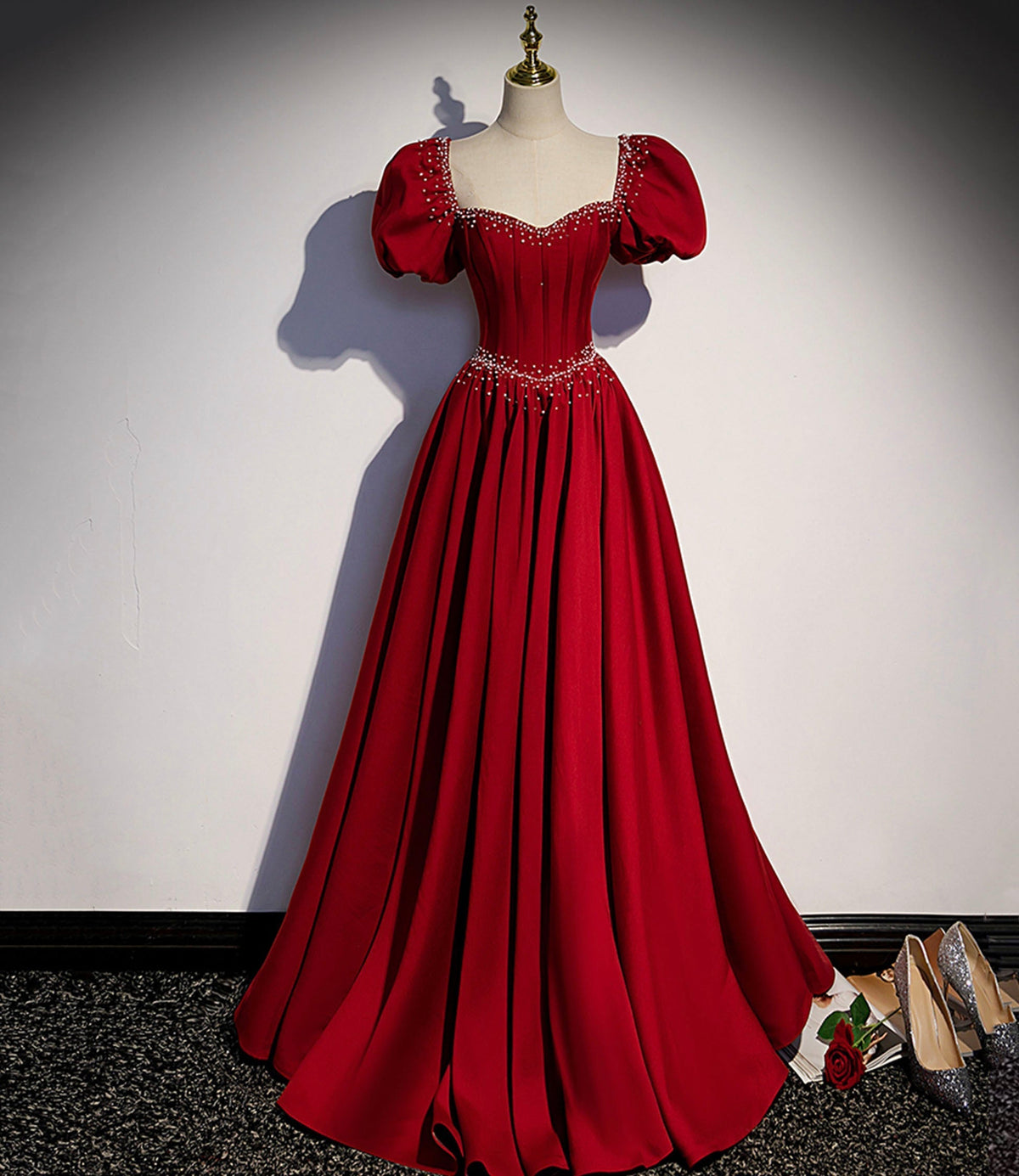 Burgundy A-line satin long prom dress evening dress s85 - VelvetHem