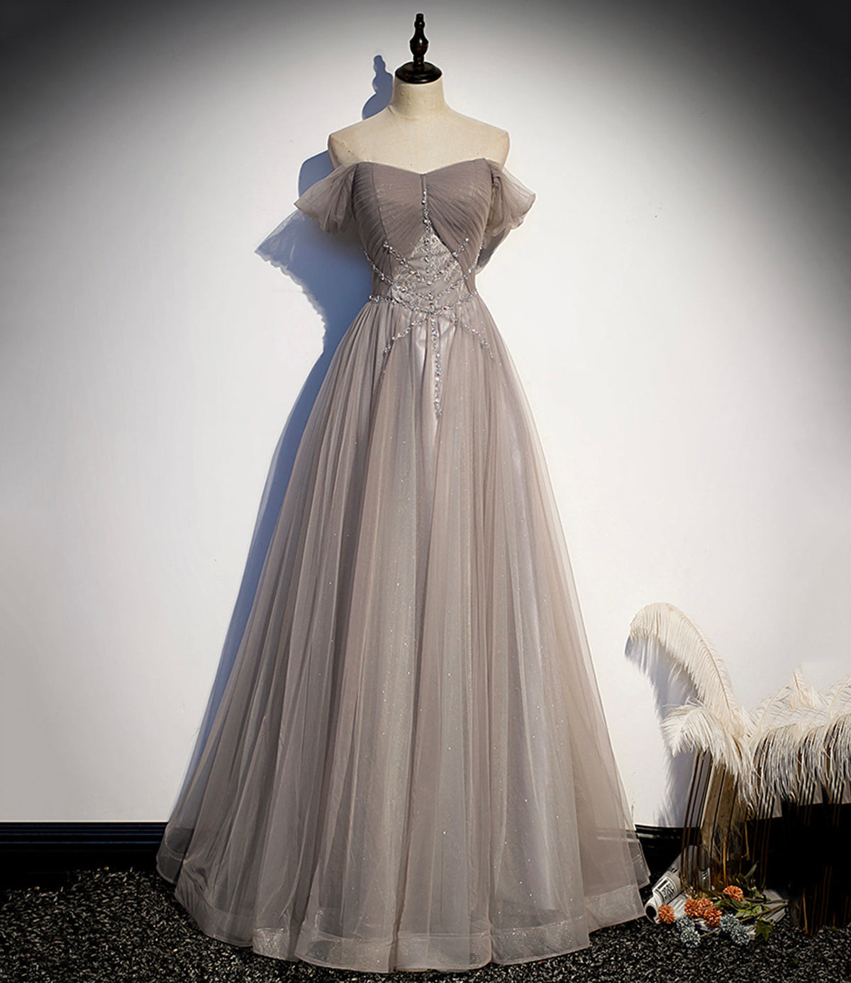 Elegant tulle lace long prom dress A line evening gown s67 - VelvetHem