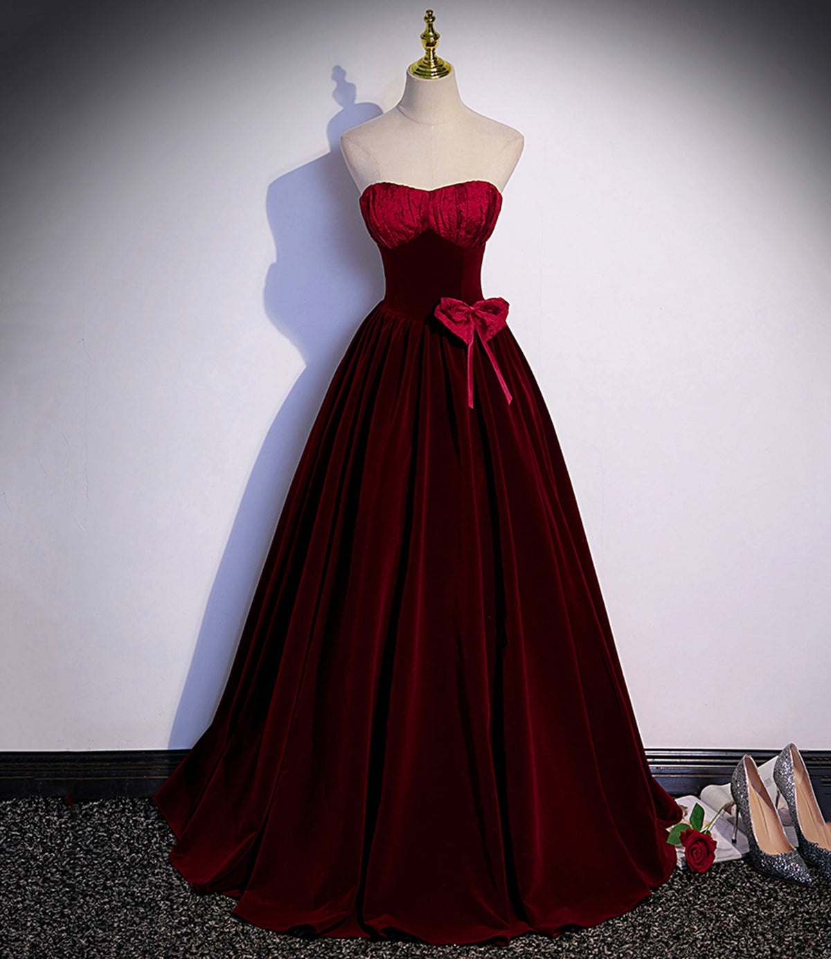 Burgundy velvet long prom dress A-line evening gown s86 - VelvetHem