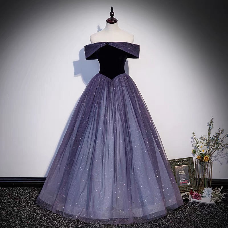 Purple tulle long prom dress A line evening gown s66 - VelvetHem