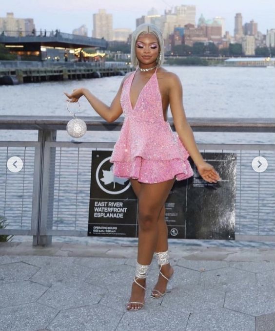 Sexy Pink Sparking Short Cocktail Dresses Tiered Sequin Graduation Gown Parties Night Pink Homecoming Dress - VelvetHem