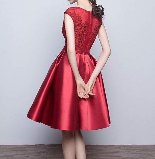 Burgundy lace satin short homecoming dress party dress