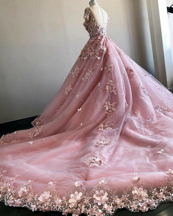 Pink 3D Flowers With Court Train,Pink Ball Gown Wedding Dress Bridal Gown (ZD13606)