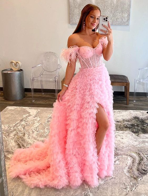 Pink Tulle Ruffled Gown, Off Shoulder Tulle Dress, Tulle Prom Dress, Corset Tulle Ball gown, Graduation Dress - VelvetHem
