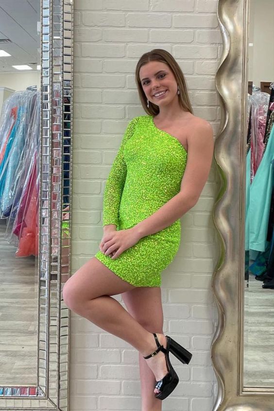 Sparkly Bodycon One Shoulder Fluorescent Green Sequins Short Homecoming Dresses - VelvetHem