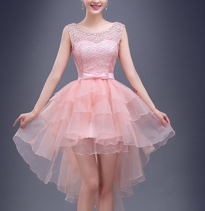 Charming A-line pink lace high-low short prom dress,homecoming dresses - View 3 | VelvetHem