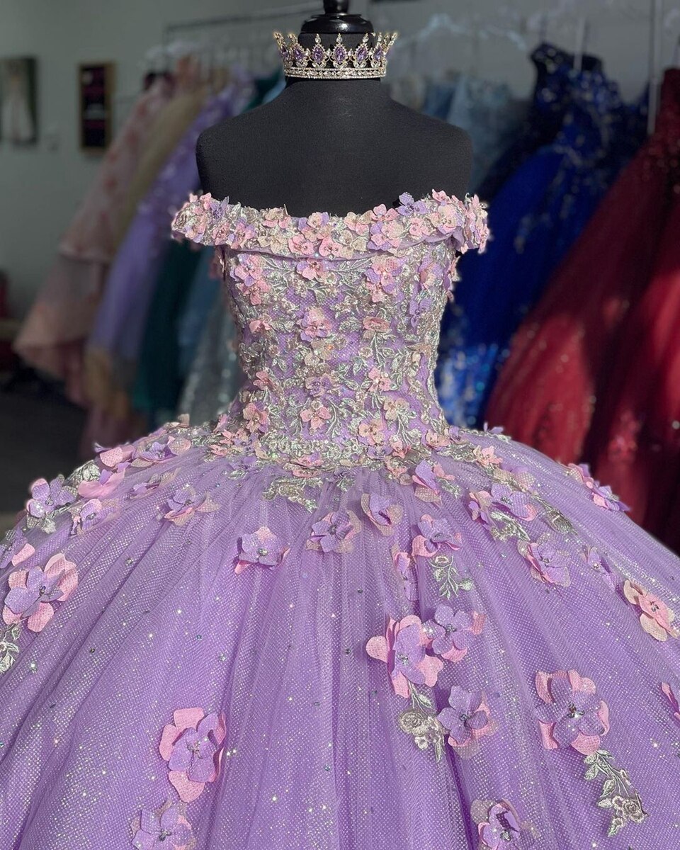 Appliqued Off Shoulder Shiny Elegant Tulle Ball Gown 3D Flowers Princess Evening Dress 15 Lovely - VelvetHem