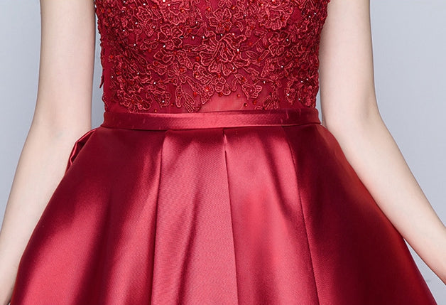 Burgundy lace satin short homecoming dress party dress