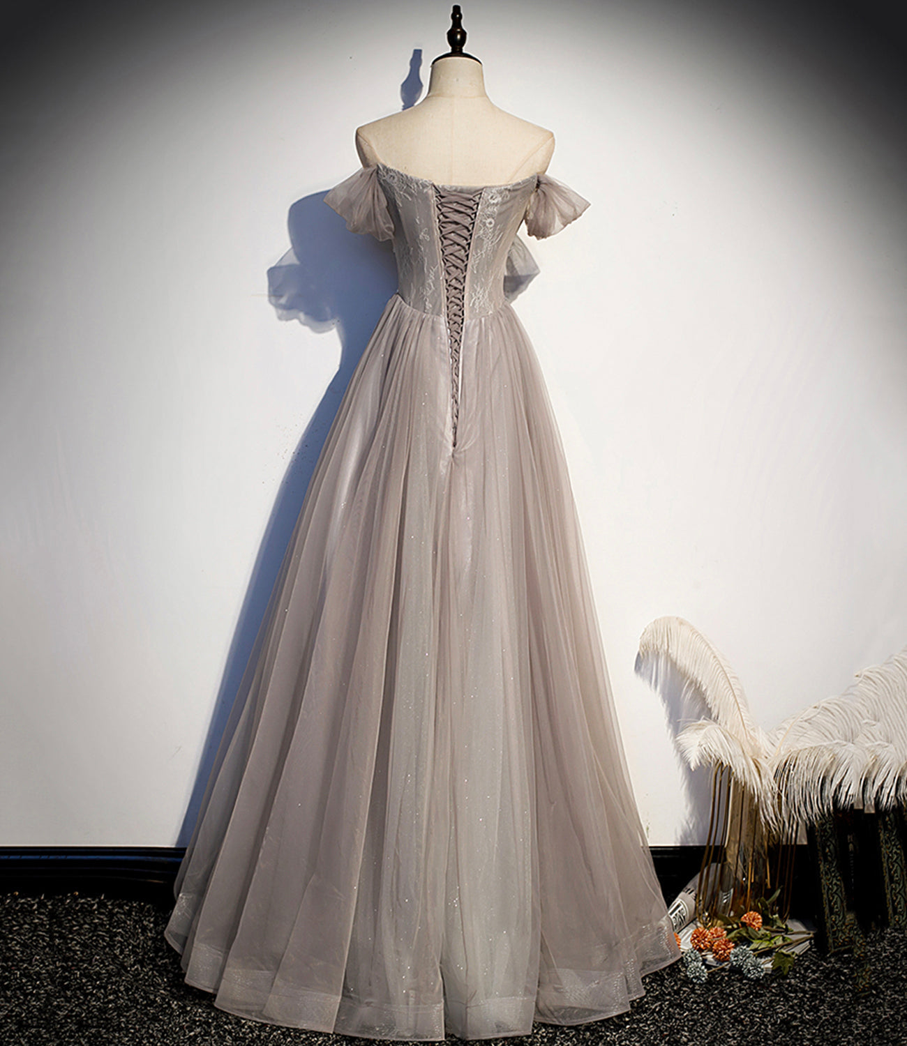Elegant tulle lace long prom dress A line evening gown s67