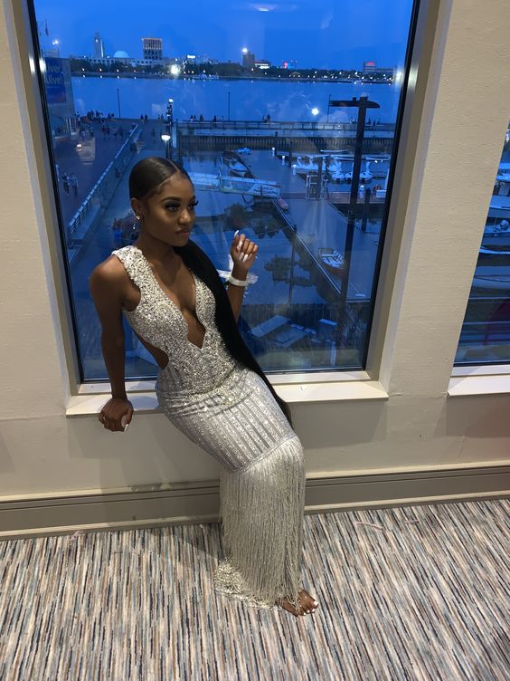Black Girl Silver Luxurious Evening Dress Charming Mermaid Prom Dress cc74 - VelvetHem