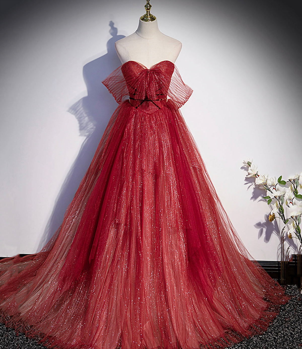 Burgundy tulle sequins long prom dress A line evening gown s55 - VelvetHem