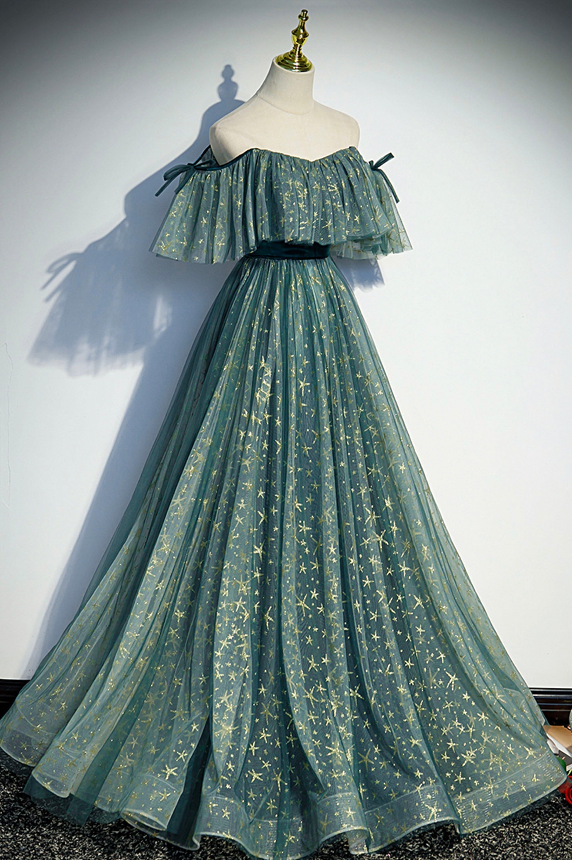 Cute tulle sequins long prom dress A line evening dress s90