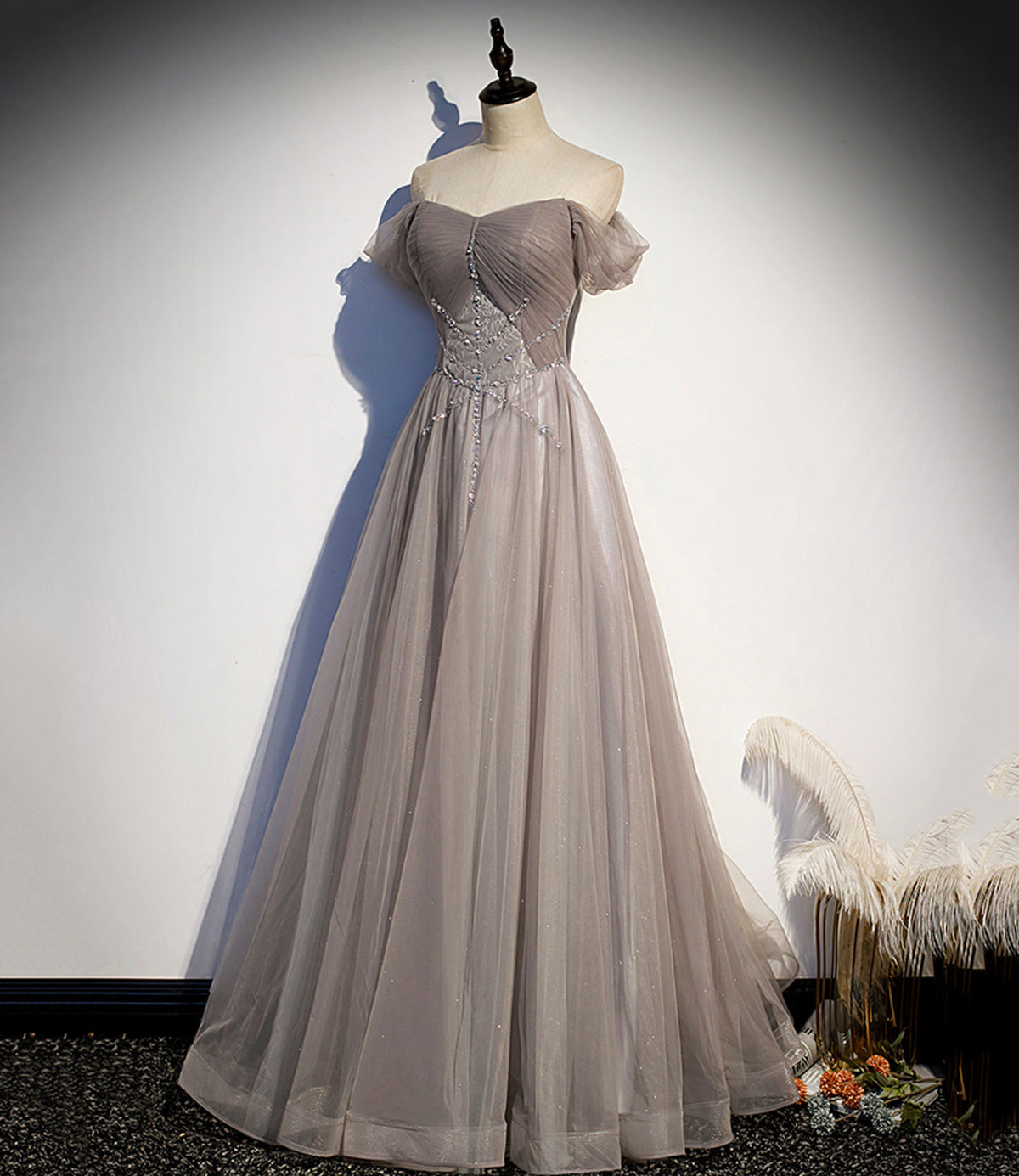 Elegant tulle lace long prom dress A line evening gown s67