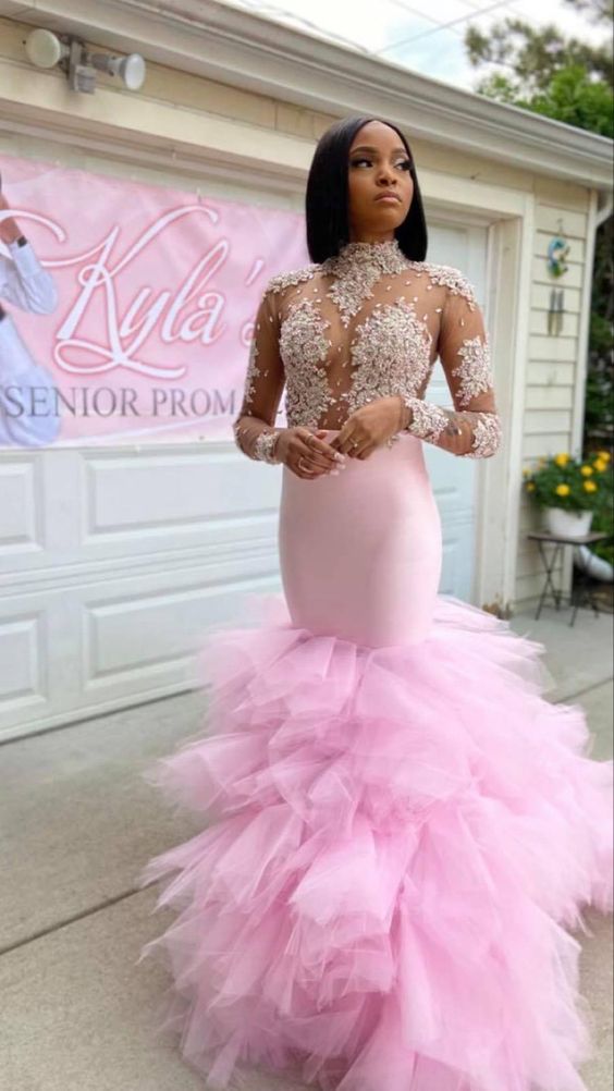 Pink Mermaid Long Prom Dress With Lace Elegant Evening Dress Senior Prom Dress - VelvetHem