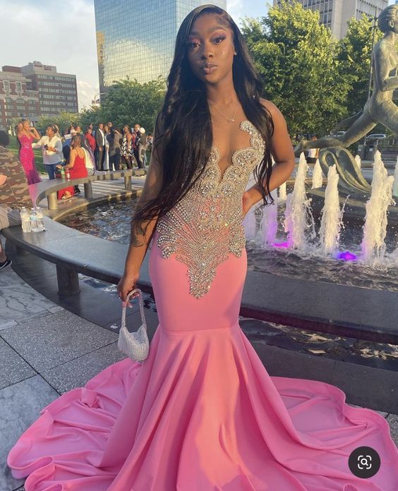 Pink Mermaid Long Prom Dress With Beaded Elegant Evening Dress Black Girls Prom - View 2 | VelvetHem