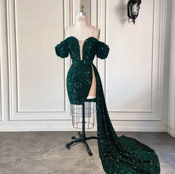 Green sequins short party dress, birthday dress with train - VelvetHem