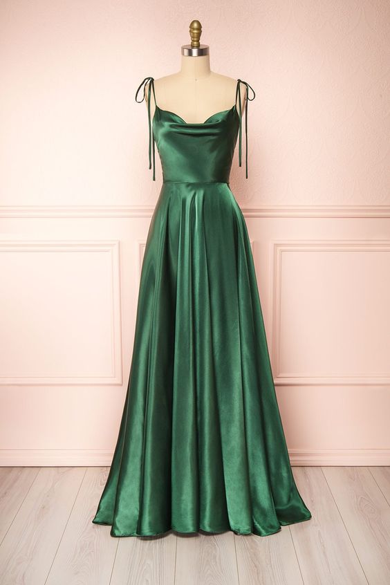 Green Cowl Neck Satin Simple Prom Dress - VelvetHem